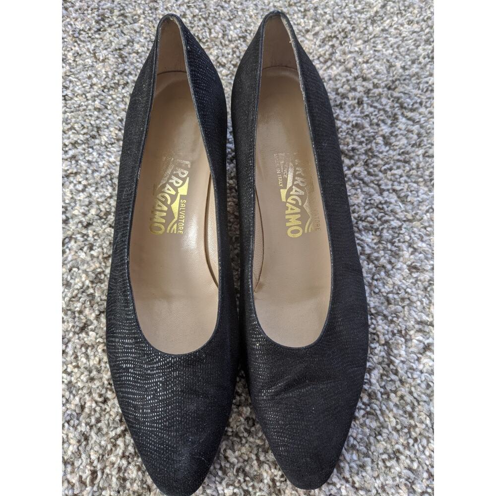 Salvatore Ferragamo Classic Pumps Block Heel Womens Size 9.5 B Black Suede Italy